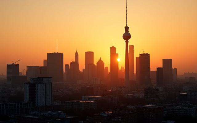 Moderne und historische Gebäude der Berliner Skyline bei Sonnenuntergang, symbolisch für Innovation und Tradition.